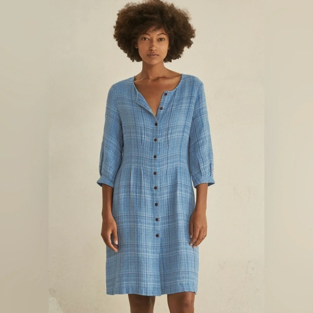 Poetry CHECKED DRESS High-twist linen Ocean Blue US 6 - Picture 2 of 10